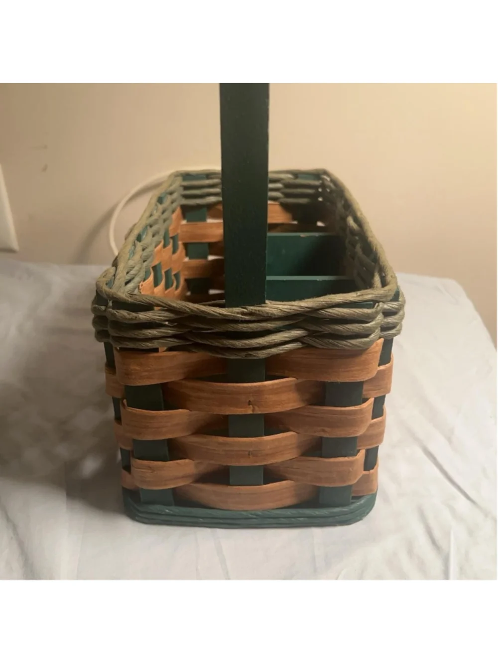 Wood Utensils Holder Basket Medium Brown Green Handle 11x7x12 In Rustic Caddy